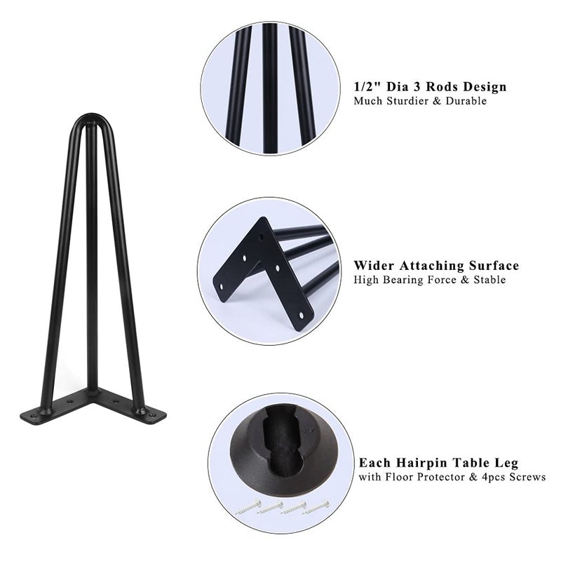 ALXEH 8 Inch Hairpin Table Legs 1/2â€ Dia 3-Rods Hairpin Feet, DIY Black Coffee Table Legs Heavy Duty Metal Furniture Feet for TV Stand, Bench and Nightstand, Set of 4 - Image 3